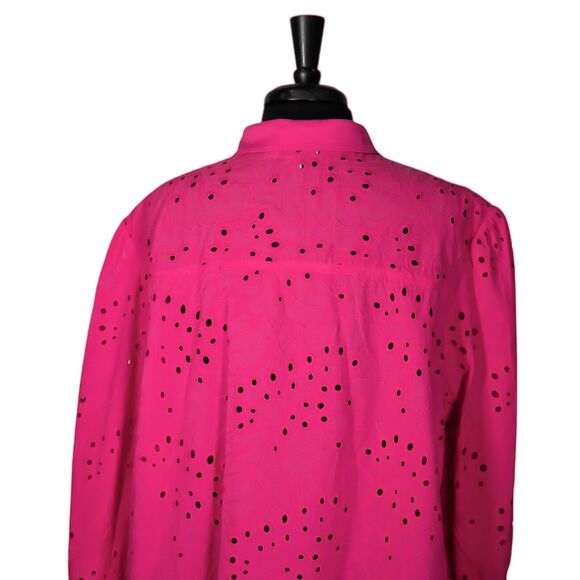 Chico's Women's Shirt Button Up Pink Floral Eyelet Puff Sleeve Top 4 US XXL/20 - Picture 7 of 9